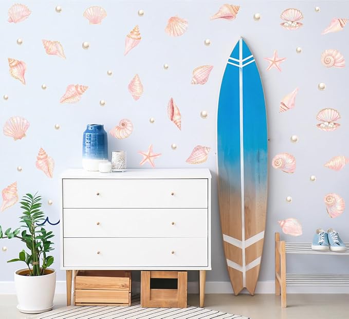Pink Shell Wall Decal, Watercolor Under The Sea Shell Vinyl Wall Stickers, Removable Ocean Themed Seashell Artwork for Girls Bedroom Kids Room Bathroom Decor