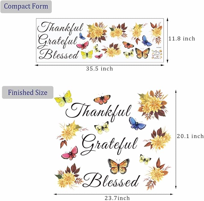 Inspirational Wall Decal Quote Grateful Thankful Blessed Wall Decor Removable Peel and Sticker Vinyl Wall Paper Wall Sticker for Kitchen Dining Room Living Room Bedroom.
