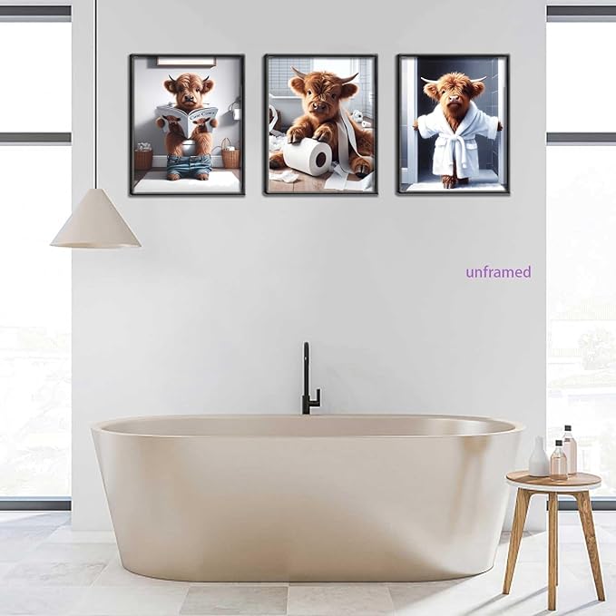 Funny Bathroom Highland Cow Wall Art, Brown Cute Cow Animal Canvas Posters Prints Wall Decor Set of 3, Vintage Rustic Farmhouse Home Painting Pictures for Kids Room Restroom 12x16 Inch Unframed
