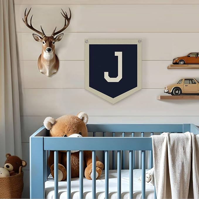 Lacama Toddler Boys Room Decor Name Pennant Flag,Vintage Name Pennant Flag Banner, Baby Boy Nursery Wall Art for Toddler Bedroom Playroom Kidsroom，Baby Boy Christmas Gifts，Initial Monogram J 12x14 in