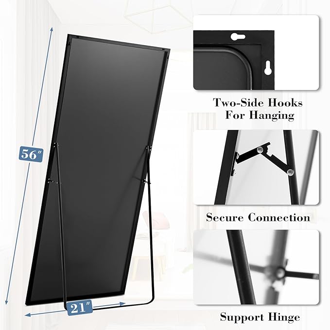 DUMOS Full Length Mirror with Stand 58"x19" Floor Standing Aluminum Frame for Bedroom Body Hanging Leaning Modern Simple Home Decor Shatter-proorf Nano Glass Wall Living Room Cloakroom, Black