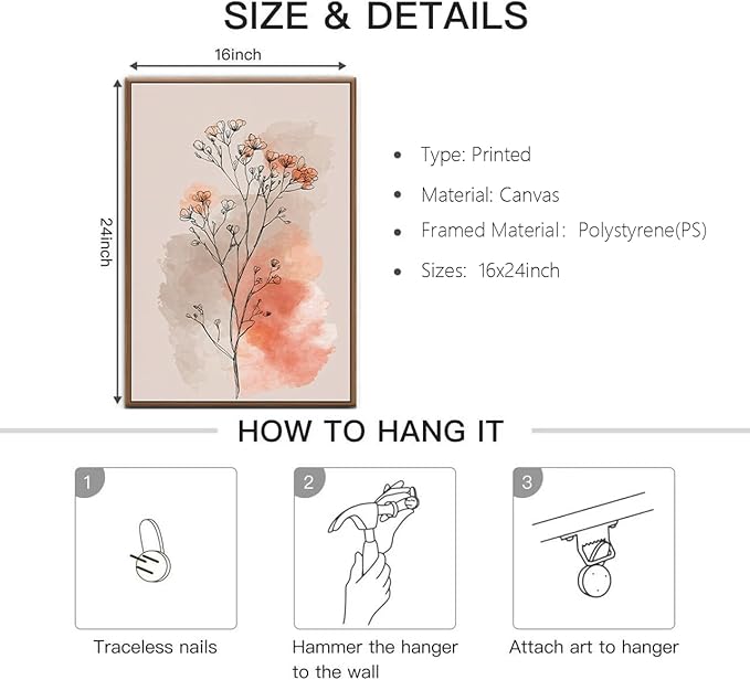 okudolit Boho Vintage Flower Wall Art Set of 3 Minimalist Floral Botanical Prints Rustic Wildflower Wall Decor Beige and Pink Neutral Plant Painting for Living Room Bedroom Office-16x24in