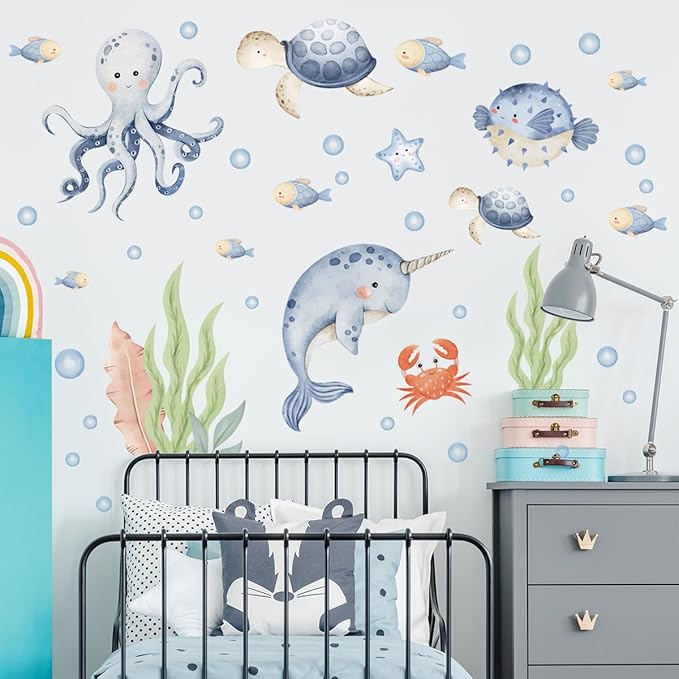 Under The Sea Whales Wall Decal Stickers，Wall Sticker for Children's Room Underwater World,Ocean Watercolor Wall Sticker ，oastal Ocean Hippocampus Octopus Turtle Fish Nursery Decoration.