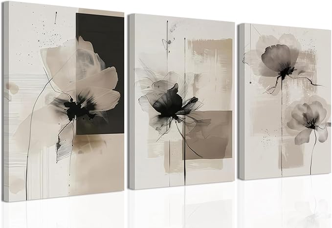 Neutral Abstract Floral Canvas Wall Art Modern Large Minimalist Wall Decor Contemporary Beige Black Flower Posters Prints Picture for Living Room Bedroom Bathroom Office 12x16 In Framed