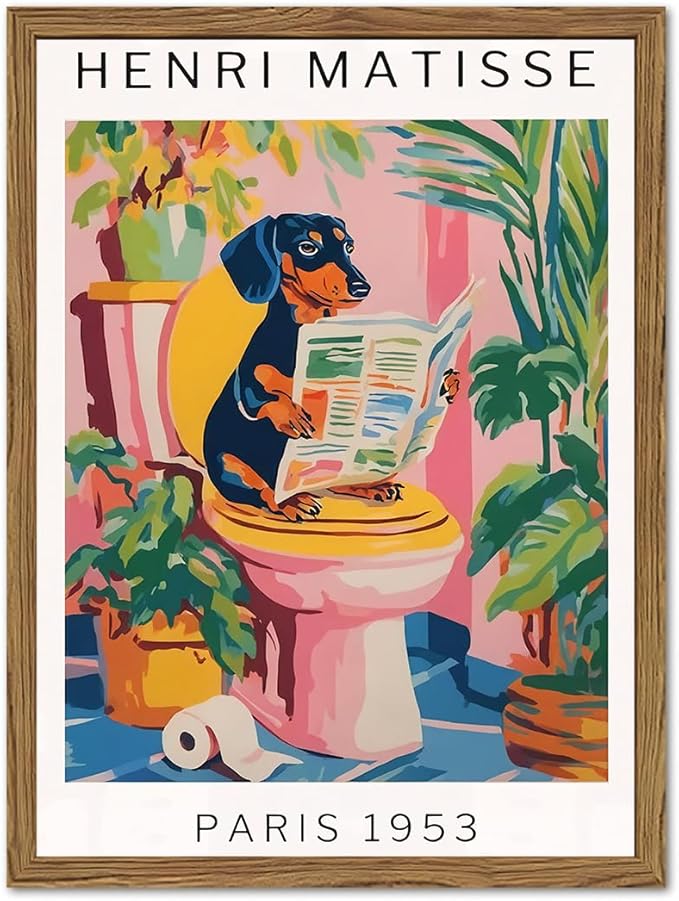 Funny Dog Bathroom Wall Art Henri Matisse Dachshund Bathroom Wall Decor Picture Whimsical Puppy Reading Newspaper in Toilet Poster Painting Canvas Print 16x24 inch Wood Framed