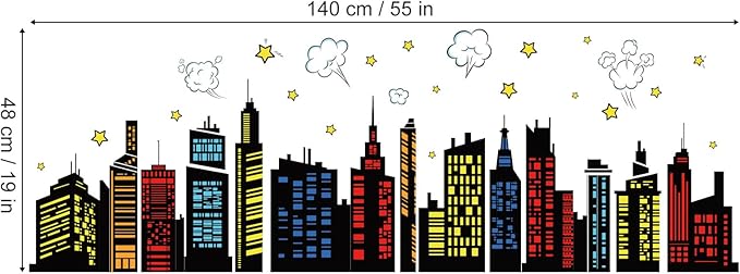 decalmile Colorful City Skyline Wall Decals Hero City Building Stars Wall Stickers Bedroom Playroom Toddler Room Wall Decor
