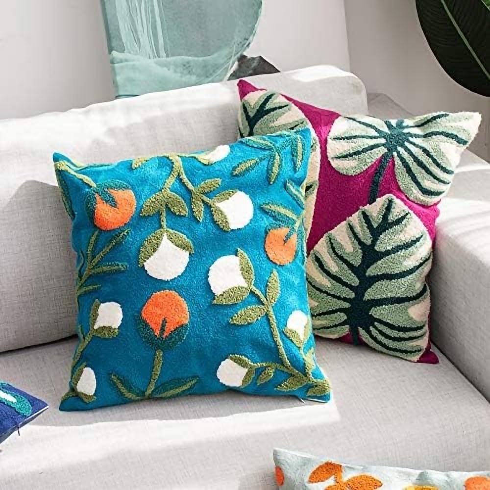 MOCOFO Canvas Embroidered Flower Pillow Case Spring Embroidery Craft Modern Simple Throw Pillow Cover for Sofa,Bedroom,Office (Wild Fruit, 18x18’’)