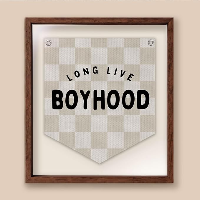 Lacama Long Live Boyhood Banner Boys Room Decor, Boy Nursery Decor, Brown Checkered Linen Banner Wall Hanging Banner Flag for Boys Bedroom Decor Toddler Boy Room Nursery 12x14 lnch