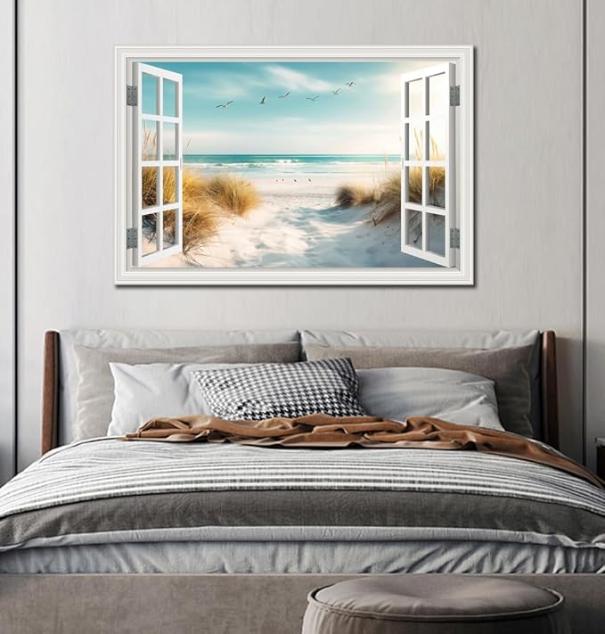 Canvas Wall Art - Large Ocean Prints for Living Room & Bedroom - White Window Style Beach Path Painting Coastal Seascape Artwork - Landscape for Home Office Decorations (32"*48")