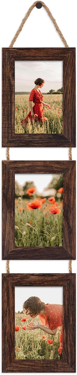 QUTREY 4x6 Picture Frames Collage, 3 Openings 4 x 6 Vertical Hanging Photo Frames Display 4 by 6 inch Pictures for Wall Decor Room Decor, Distressed Brown
