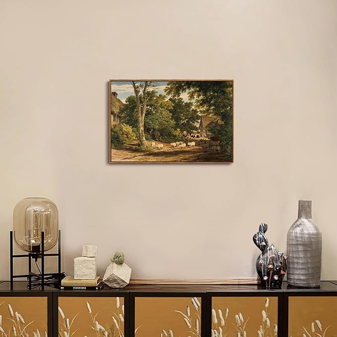 OIQArtOIQ Vintage Framed Wall Art Rural Farm Scene Canvas Art Prints Countryside Landscape Pictures Wall Decor Modern Rustic Farmhouse Paintings Artwork For Bedroom Bathroom Office Living Room