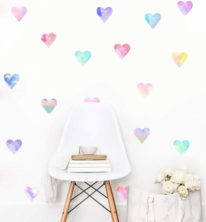 Colorful Heart Wall Decals Watercolor Hearts Wall Stickers Heart Wall Decals for Girls Bedroom Nursery Kids Room Decor