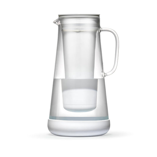LifeStraw Home Water Pitcher, 7-Cup, White, Glass with Silicone Base, White, for Everyday Protection Against Bacteria, Parasites, Microplastics, Lead, Mercury, PFAS and a Variety of Chemicals