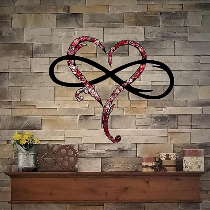 Infinity Heart Wall Decor, Unique Infinity Heart Metal Wall Art Decor Love Sign Steel Wall Plaques Bedroom Ornaments for Home Wedding Decor, Room Living Room Decoration (Red Black, 15.7x14inch)