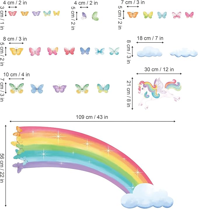 decalmile Rainbow Wall Decals Unicorn Rainbow Butterflies Clouds Wall Stickers Baby Nursery Girls Bedroom Daycare Wall Decor Gifts for Girls