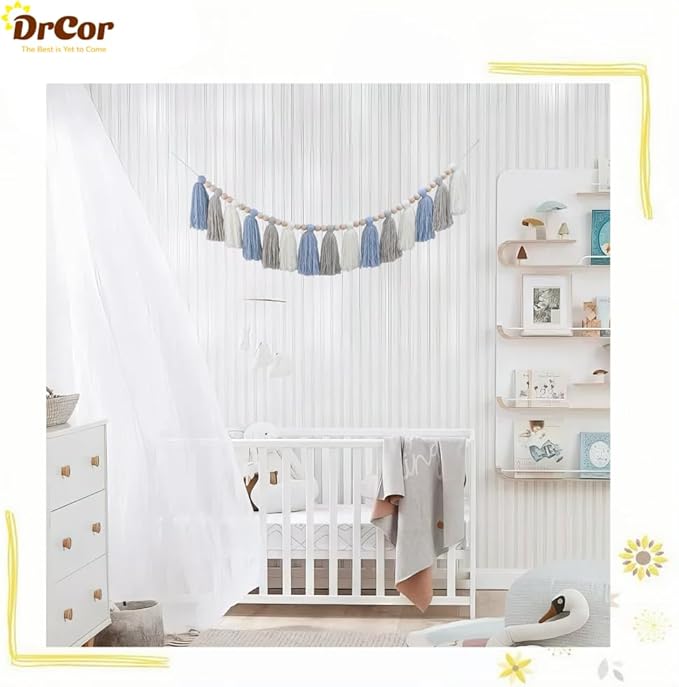 DrCor Blue and White Tassel Garland – Handmade Coastal Boho Wall Hanging for Nursery, Boys Room, Beach Theme Party, Baby Shower & Classroom Decoration