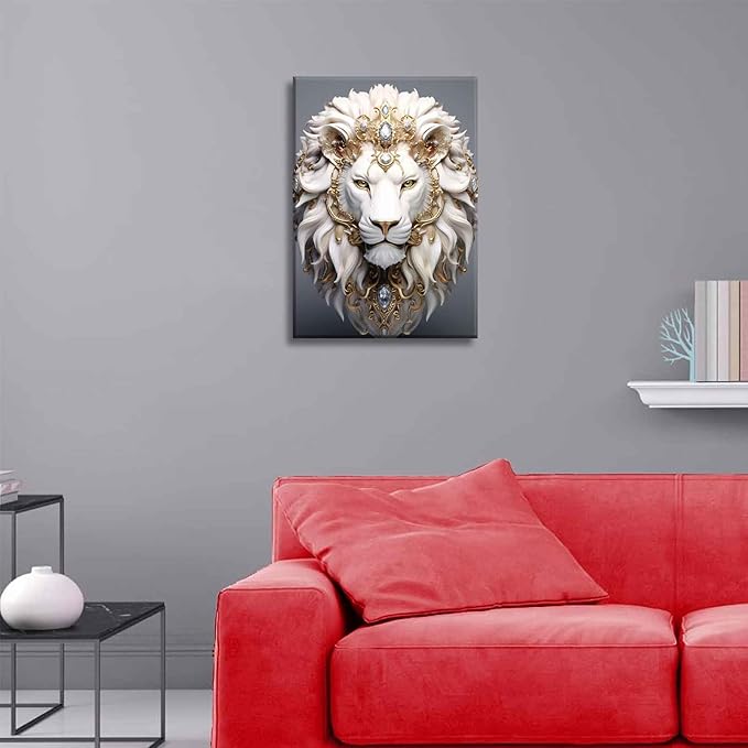 White Lion Canvas Wall Art Wild Animal Portraits Avatar Pictures Painting Decor Modern Large Gold Diamond Beast Posters Prints for Dining Living Room Bedroom Home Decoration
