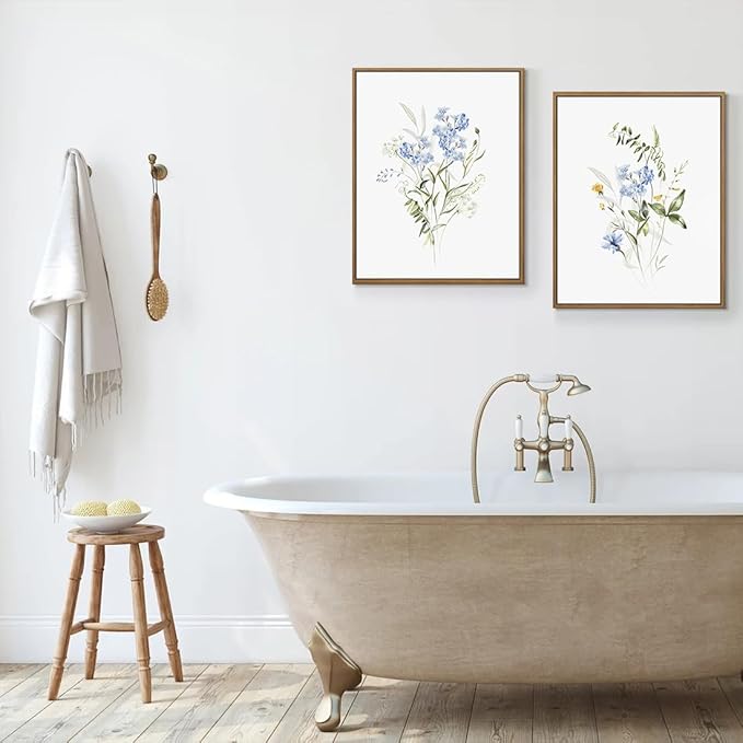 Watercolor Floral Wall Art Blue Yellow Flower Canvas Art Pints Nature Botanical Plants Painting Minimalist Wall Decor Stretched and Framed for Bedroom Bathroom Home Office Decoration - 11"x14"x2Pcs