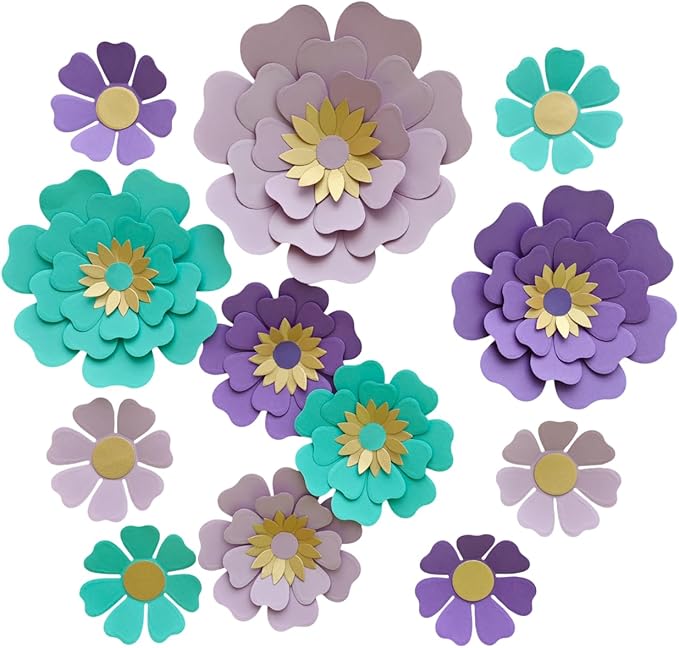 Teal Purple Paper Flower for Wall Turquoise Green Lavender Lilac Mermaid Birthday Party Wedding Bridal Baby Shower Party Decoration Pack of 12