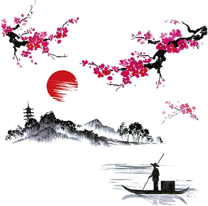 Large Japanese Wall Decor Stickers, BWCXXZH Red Cherry Blossom Tree Wall Murals Mountain River Fisherman Peel and Stick 3D Art Stickers for Girls Bedroom Nursery Living Room TV Home Decor