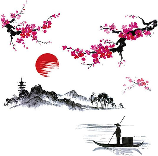 Large Japanese Wall Decor Stickers, BWCXXZH Red Cherry Blossom Tree Wall Murals Mountain River Fisherman Peel and Stick 3D Art Stickers for Girls Bedroom Nursery Living Room TV Home Decor