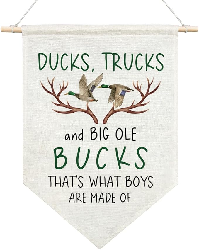 AGMDESIGN Ducks Trucks Big Ole Bucks That's What Little Boys Are Made Of Canvas Hanging Pennant Flag Banner, Deer Neutral Room Decor, Boys Hunting Gifts, Home School Classroom Kids Room Nursery Decor