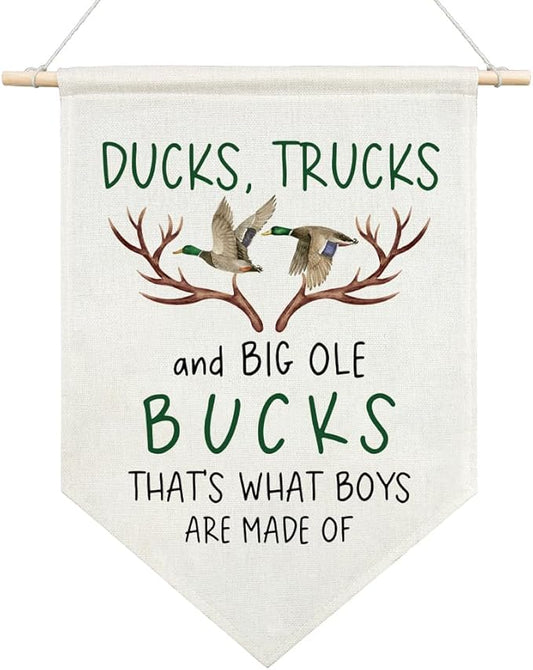 AGMDESIGN Ducks Trucks Big Ole Bucks That's What Little Boys Are Made Of Canvas Hanging Pennant Flag Banner, Deer Neutral Room Decor, Boys Hunting Gifts, Home School Classroom Kids Room Nursery Decor