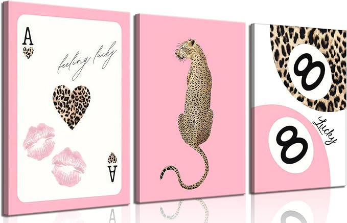 Set of 3 Trendy Pink Leopard Canvas Wall Art Cheetah Lucky 8 Ball Posters Prints Preppy Cheetah Aesthetic Wall Decor Pictures for Girly Bedroom Apartment Dorm Decoration 16x24in