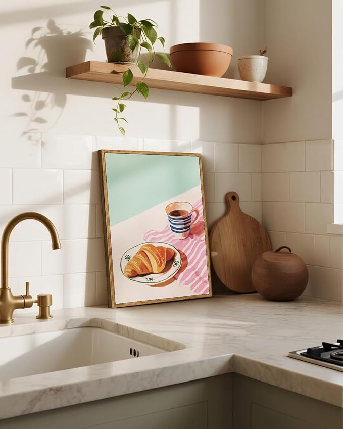 Framed Wall Art 12x16 Inch Coffee Cup and Croissant Canvas Print, Pastel Watercolor Breakfast Illustration Painting, Minimalist Modern Food Artwork Kitchen Dining Room Cafe Aesthetic Decor Gift