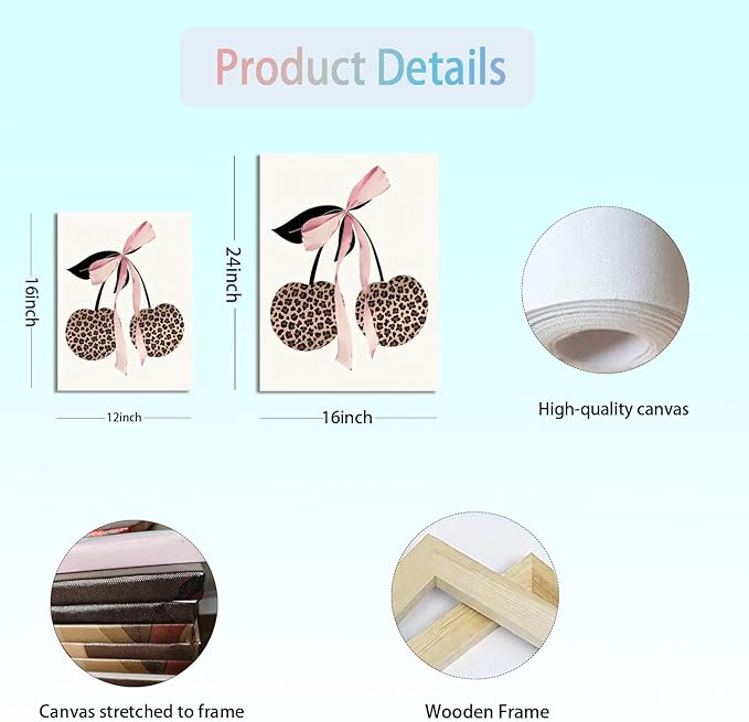 Trendy Pink Leopard Bow Canvas Wall Art Set of 3 Funky Cherry Lucky 8 Ball Posters Prints Wall Decor Cute Coquette Preppy Aesthetic Pictures for Girls Bedroom Dorm Apartment 16x24 In Framed