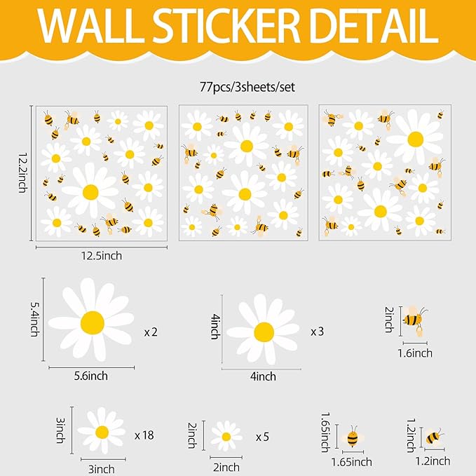 White Daisy and Bees Wall Stickers Easy to Peel and Stick Retro Flower Wall Decals for Girls Bedroom Nursery Living Room Office Floral Wall Decor