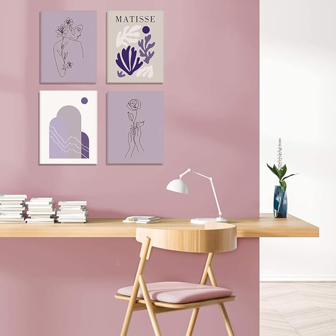 CHDITB Matisse Theme Wall Decor Purple Flowers Canvas Prints Minimalist Floral Framed Set of 6(12”X16”)Matisse Wall Art Posters Abstract Matisse Botanical Decor for Living Room Dress Room Girls Room
