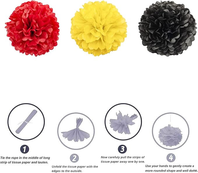 We Moment Black Red Yellow Paper Pom Poms Decorations for Boys Girls Birthday Decoration Ceiling Wall Hanging Tissue Flowers Decorations 12pcs,3 Colors