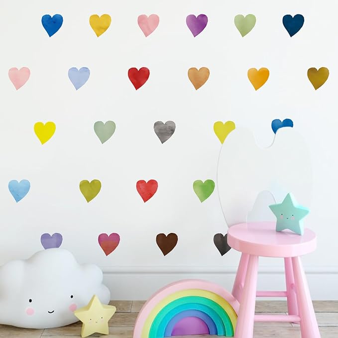 Colorful Heart Wall Stickers,Watercolor Heart Wall Decals for Kids Bedroom Wallpapper Nursery Living Room Classroom Wall Décor