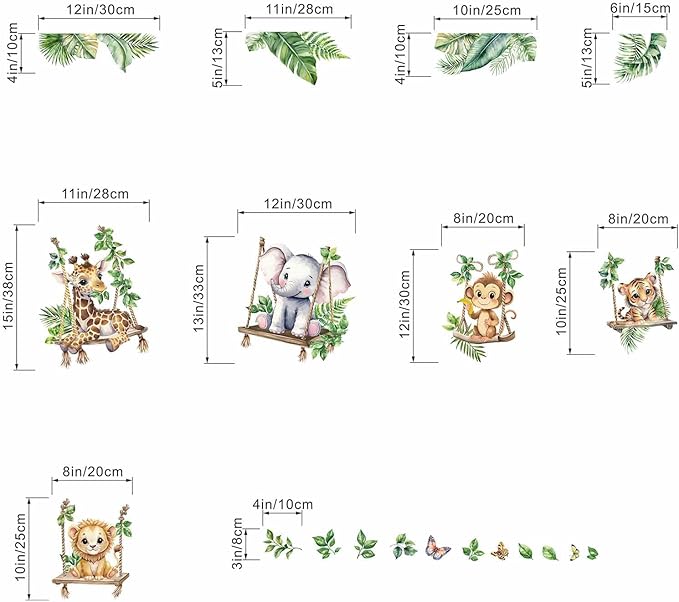 Jungle Animal Wall Decals for Baby: Animals Son Swings Nursery Room Decor with Peel and Stick Removable Vinyl Wall Stickers for Kids Bedroom Safe and Easy to Apply - Ages 0-12 Years