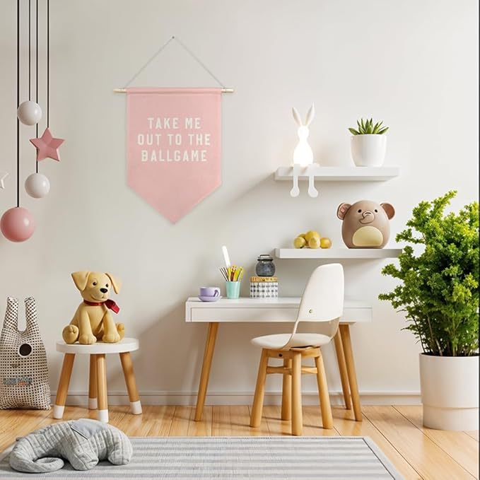 AGMDESIGN Take Me Out To The BallGame Pennant Flag Banner, Pink Baseball Wall Decor for Toddler Girl Sports Room Nursery Playroom, Sports Decor for Girls Bedroom, Ballgame Lovers Gifts for Girls