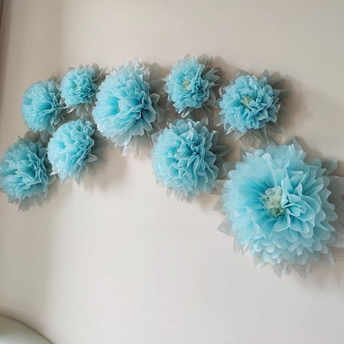 Mybbshower 9pcs Mixed 7'' 9'' 11'' Blue Tissue Paper Pom Poms Flower for It's A Boy Baby Shower Birthday Nursery Room Decorations