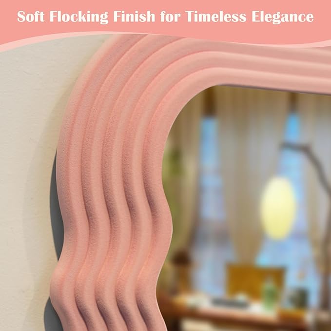 Wavy Mirror Wall Decor for Girly Bedroom, 14x28 Abstract Decorative Mirrors for Modern Apartment Nursery Room Decoration, Large Hanging Wall Art Above Dresser Desk Table Decor (Light Pink)