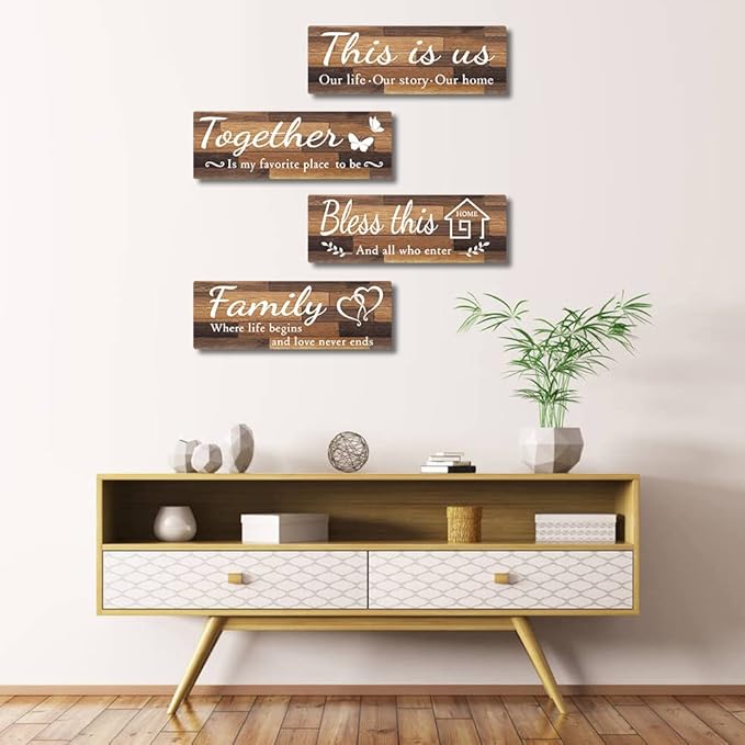 4 PCS Home Wall Decor Signs, IDATOO Rustic Wooden Living Room Hanging Decorations with Quotes THIS IS US/TOGETHER/BLESS THIS/FAMILY, Housewarming Gifts for Wedding Kitchen (Brown, 15 x 5.1 inch)