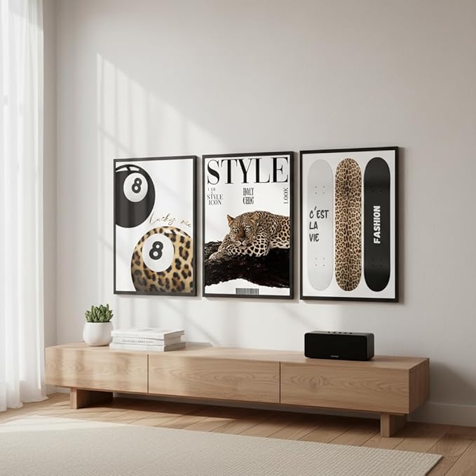 3Pcs Trendy Leopard Wall Art Preppy Aesthetic Stylish Leopard Painting Picture Wall Decor Funky Lucky 8 Ball Cheetah Poster Print Artwork for Bedroom Living Room Bathroom Home Decoration Unframed