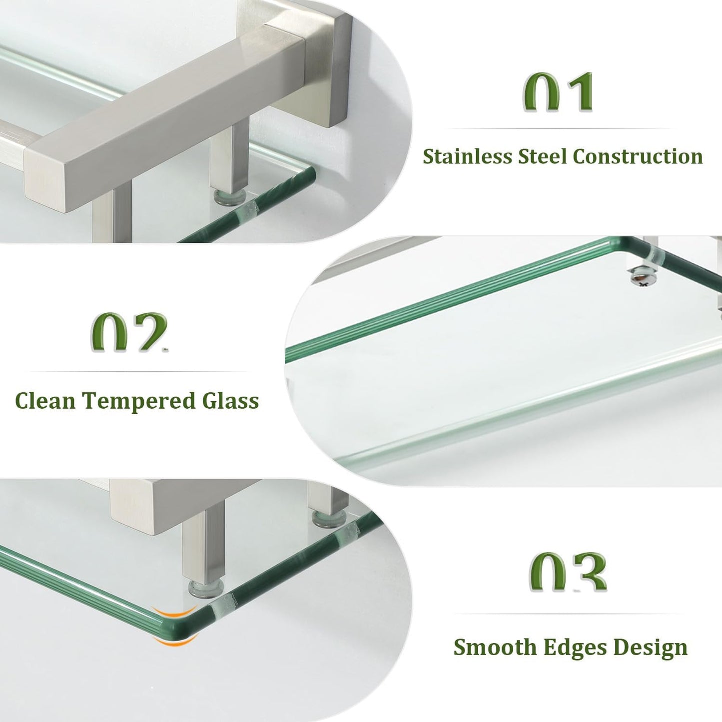 Alise Glass Shelves for Bathroom Wall, Tempered Glass Bathroom Shelf Wall Mounted, Modern Space Saving Floating Shelves 12 inch, Brushed Nickel