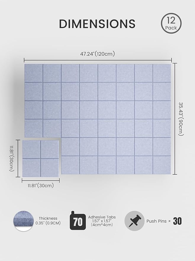 Bumusty Large Felt Bulletin Board, 48" x 36" Cork Board Alternative, 12-Pack Wall Tiles with 4-Compartment Design, 30 Push Pins, 70 Adhesive Tabs, Ideal for Office & Home Decor, Soft Periwinkle