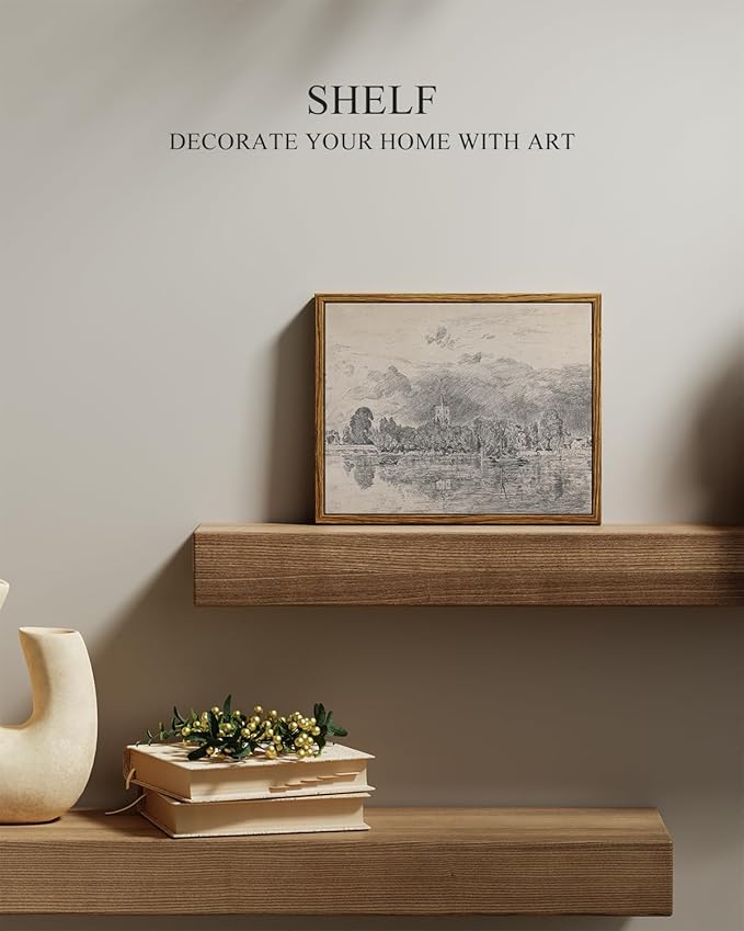 InSimSea Framed Canvas Print Art, Vintage Sketch Church lakeside Landscape Painting, Rustic Farmhouse Cottage Decor for Hallway Wall Floating Shelf Desk Vanity Fireplace,10x8 in, Neutral Tones