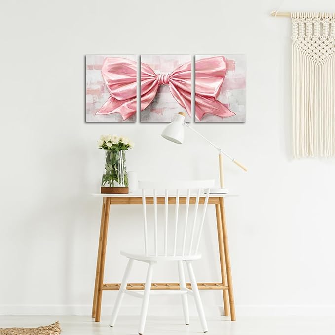 HOMEOART Bow Painting Canvas Print Bow Picture Bathroom Decor Bedroom Wall Decor 12x16inchx3Pieces Framed (Pink)