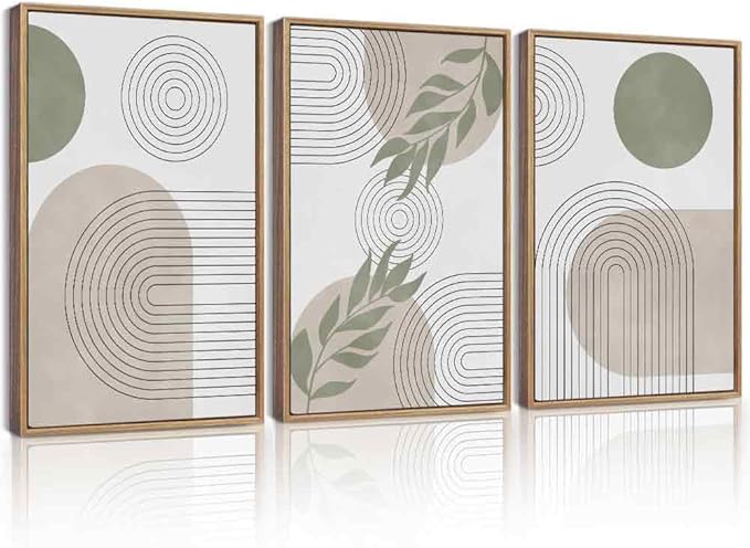Drsoum Green Botanical Boho Wall Art Framed Modern Bohemian Sage Wall Decor Abstract Geometry Lines Prints Ready to Hang 16x24in Natural Framed