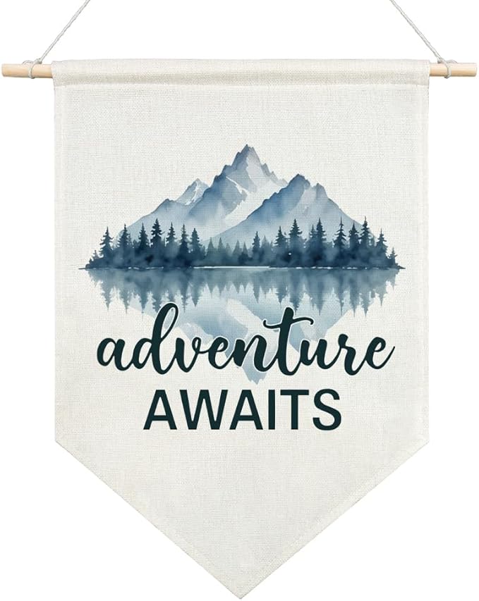 AGMDESIGN Adventure Awaits Canvas Hanging Pennant Flag Banner, Adventure Nursery Decor, Home Office School Classroom Kids Room Playroom Nursery Bedroom Camper Flag Decor, Boy Room Wall Decor