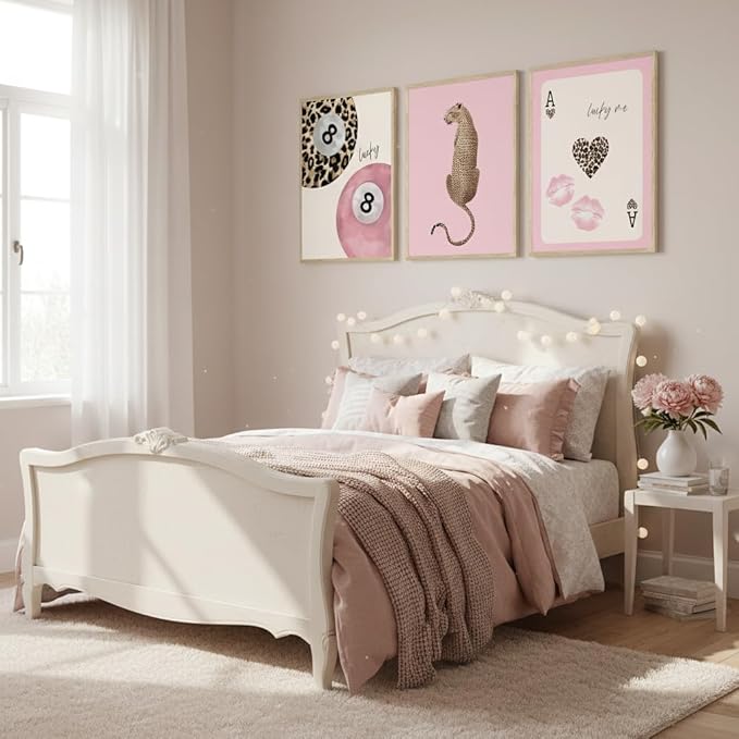 3 Pcs Trendy Pink Preppy Leopard Wall Art Lucky 8 Ball Playing Card Painting Picture Wall Decor Pink Coquette Funky Cheetah Poster Print Artwork for Girls Bedroom Living Room Apartment Home Decoration