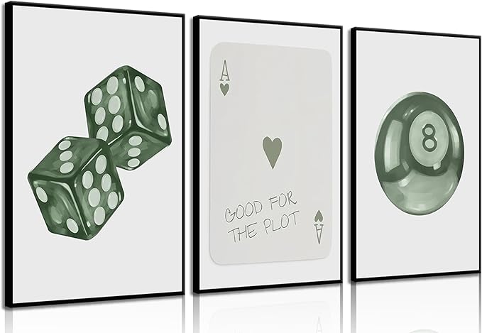 BOKPEN Green Poker Dice Canvas Wall Art Funky Y2K Trendy Preppy Pictures Lucky 8 Ball Poster Sage Prints Artwork Painting for Game Room Apartment Dorm Aesthetic Decoration 12x16in Unframed