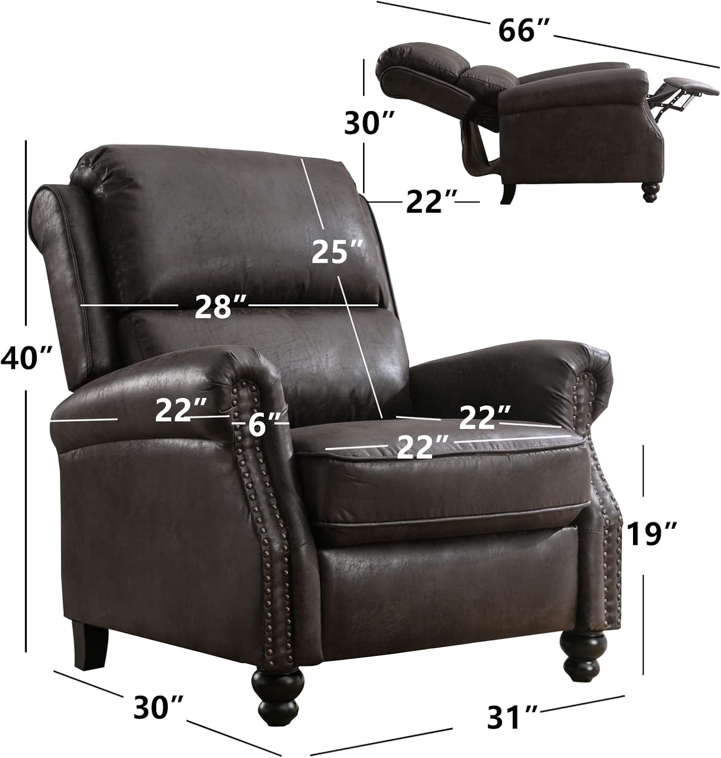 CANMOV Pushback Recliner Chair Faux Leather Armchair Push Back Recliner with Rivet Decoration Single Sofa Accent Chair for Living Room, Dark Grey