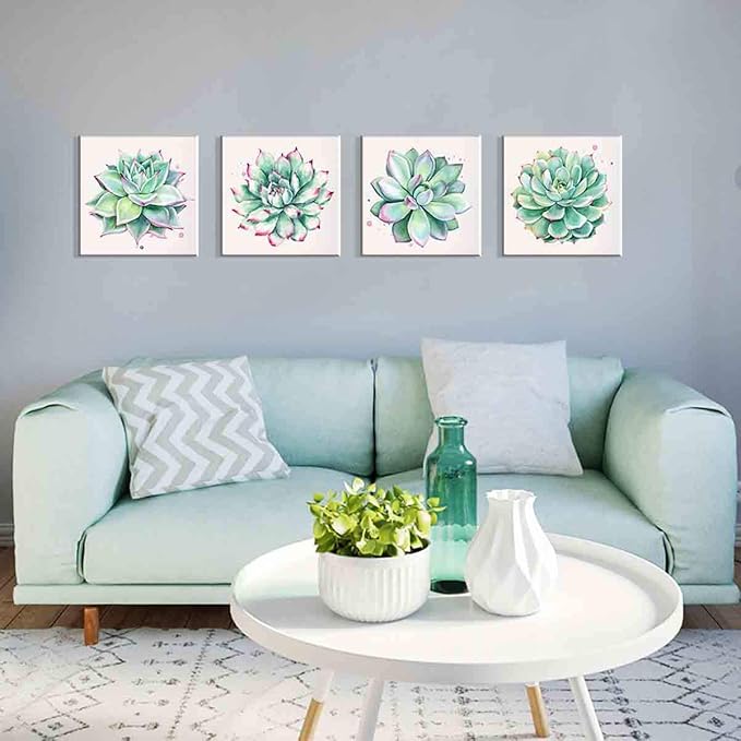 YOOOAHU Home Wall Art Decor Succulent Plants Simple Life Canvas Paintings Posters Prints 16" x 16" 4 Pieces Watercolor Hand-Drawn Green Leaf Framed Nature Pictures for Living Room Kitchen Decorations